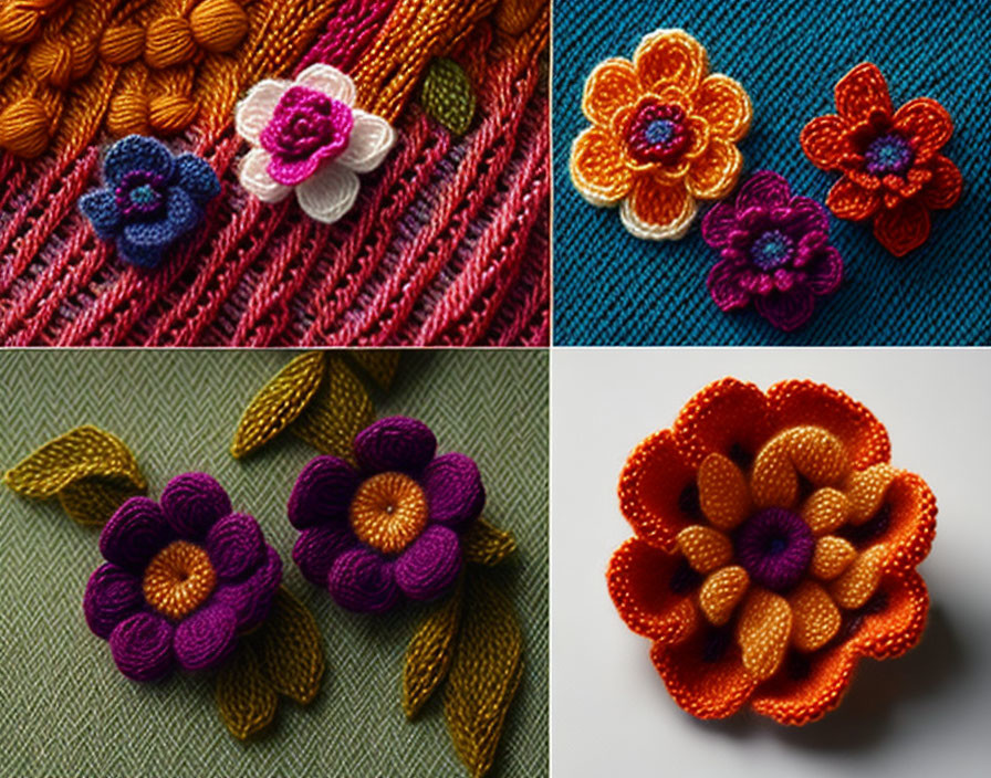 Colorful Crocheted Flowers on Fabric Backgrounds