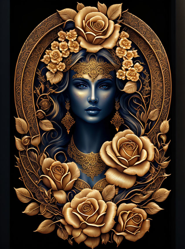 Blue-skinned woman with golden floral patterns in ornate oval frame