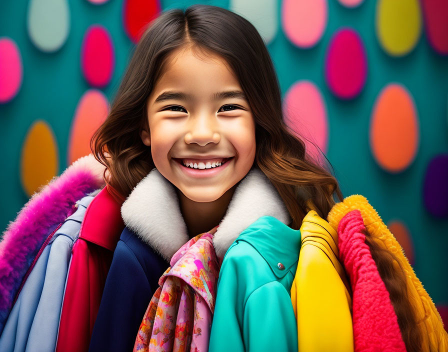 Colorful Coats Surround Cheerful Young Girl in Vibrant Scene