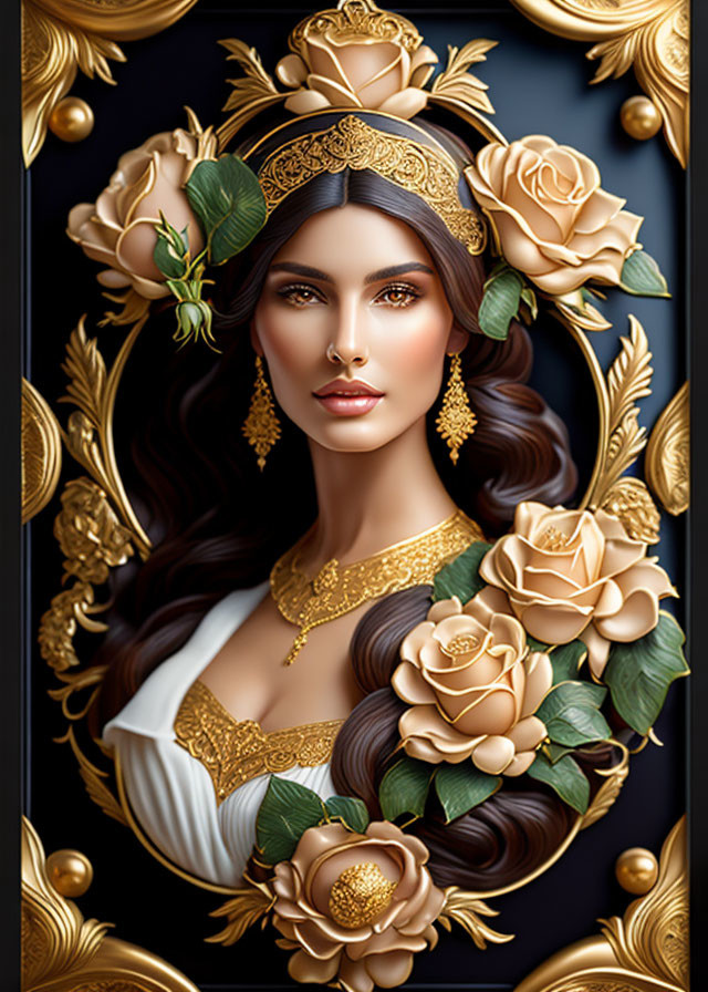 Illustrated woman with dark hair, golden tiara, earrings, surrounded by ornate floral motifs on