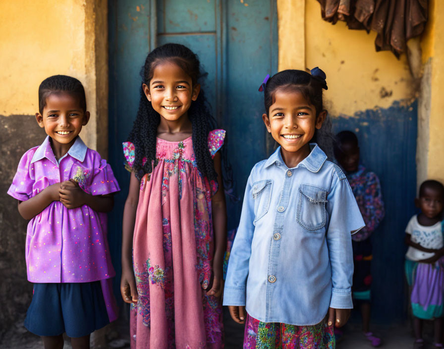 Three children in front of blue door, two girls in dresses and bows, one boy in pink shirt