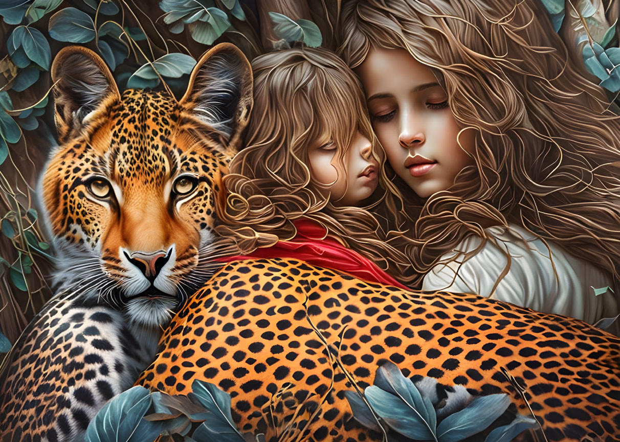 Photorealistic illustration of girl in red cloak embracing spotted leopard among green leaves