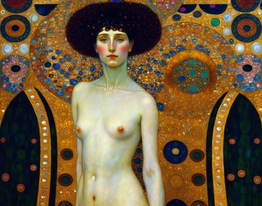 Portrait of nude woman with solemn expression and ornate headdress against colorful mosaic