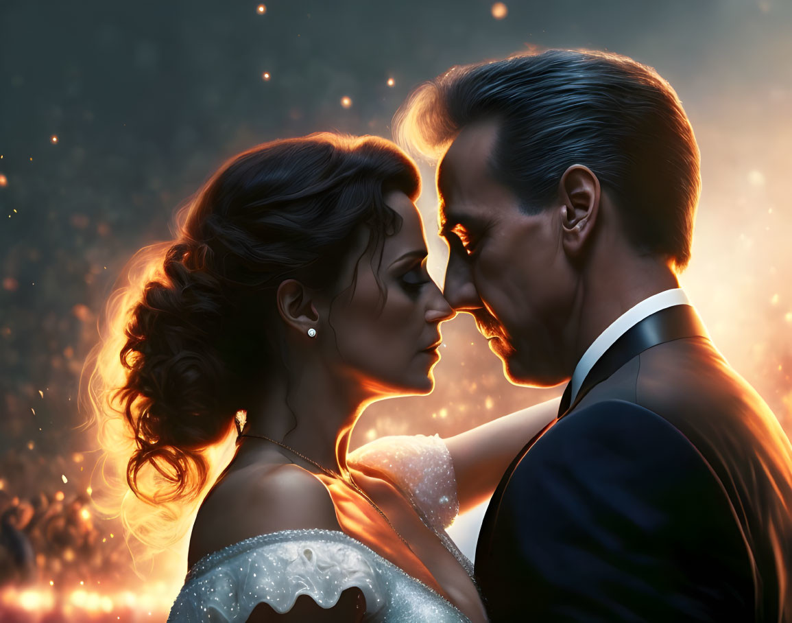 Illustrated couple in formal attire sharing intimate moment surrounded by glowing lights