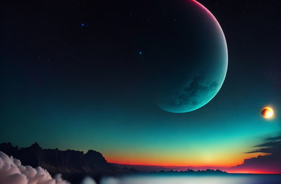 Colorful digital artwork: Large crescent planet, fiery celestial body, dusk sky, mountains, clouds