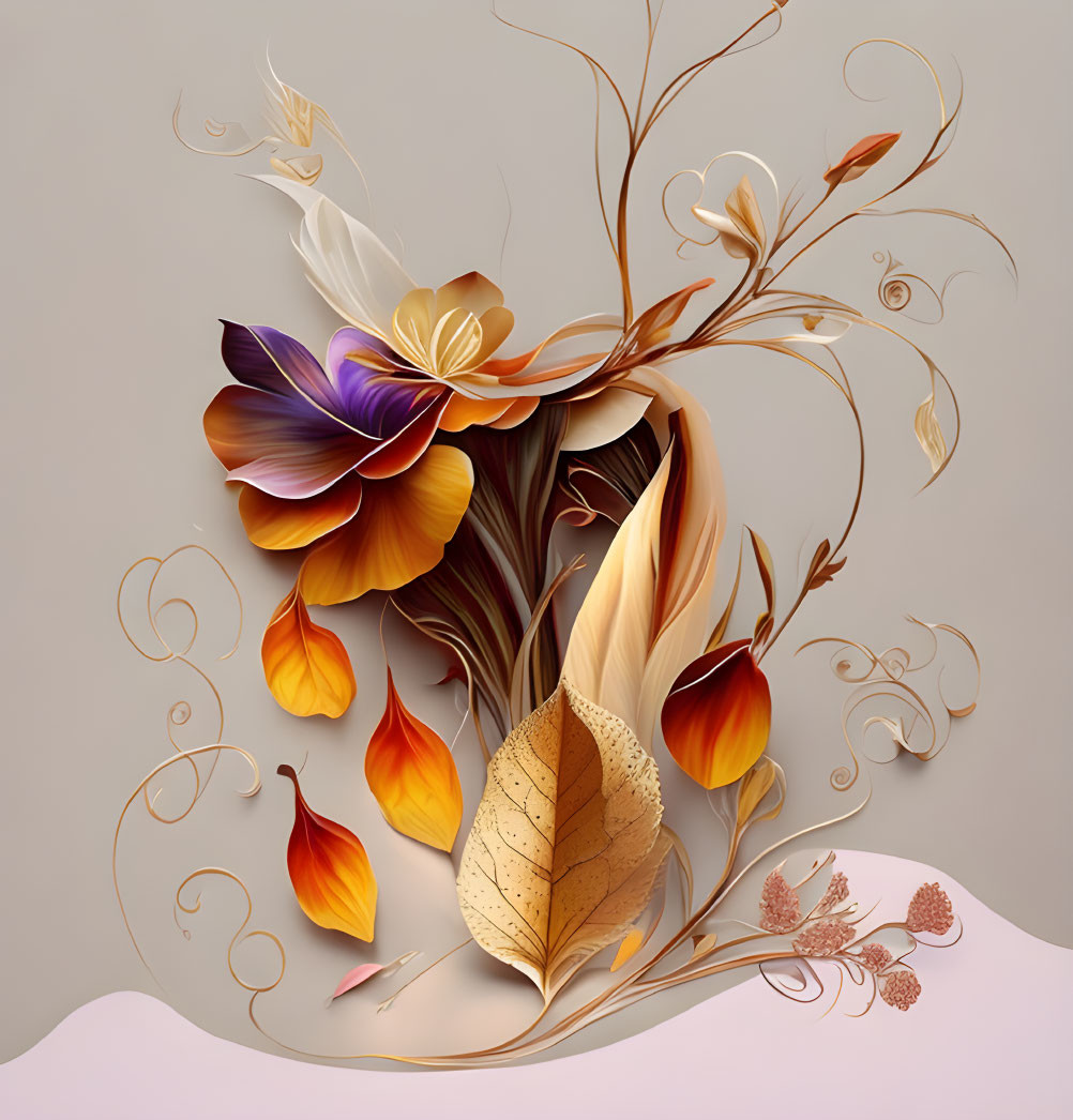 Ornate bouquet of stylized flowers in warm autumn colors