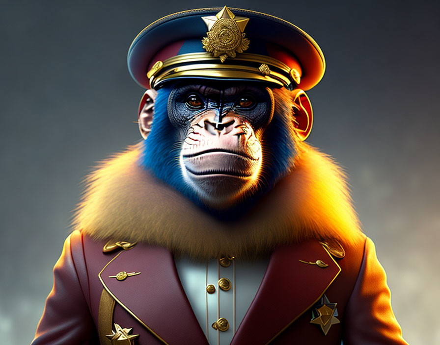 Detailed gorilla illustration in military uniform with medals and cap on dark background