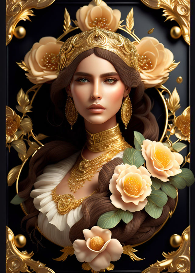 Regal woman portrait with golden jewelry and floral motifs