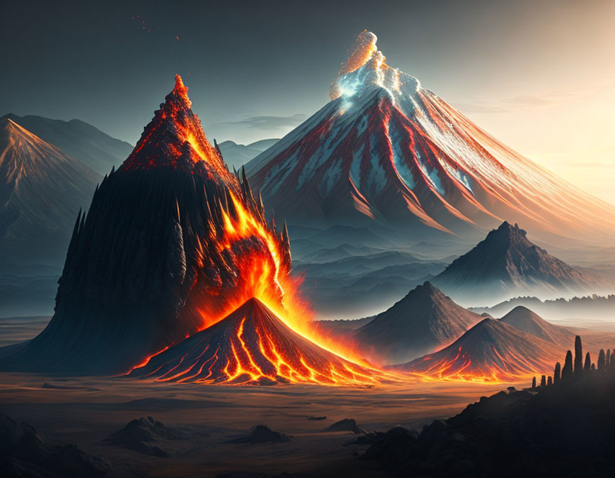 Dramatic volcanic eruption with flowing lava in hazy mountain landscape