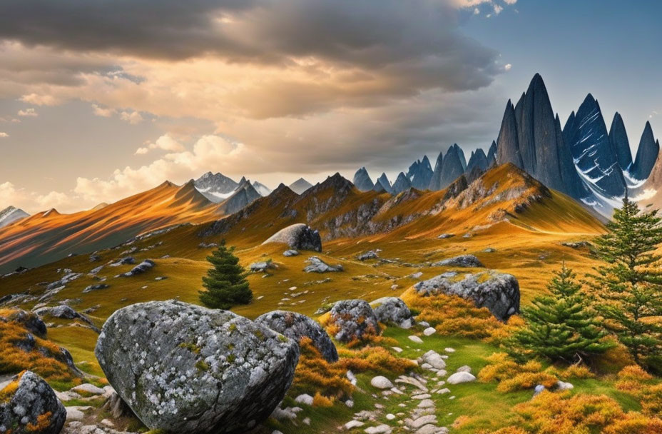 Sharp mountain peaks, golden hills, pathway, boulders, green trees under cloudy sky