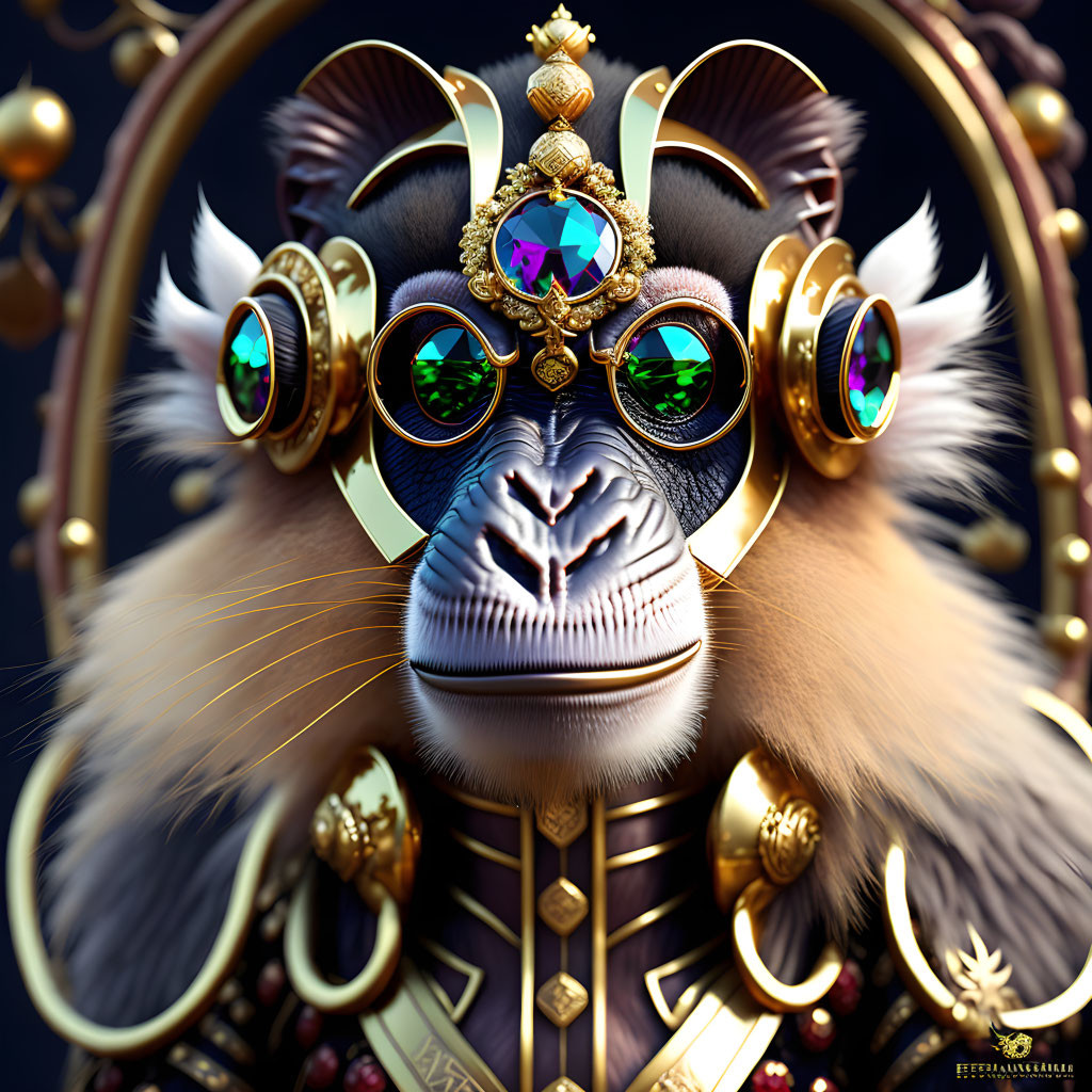 Detailed Regal Monkey with Golden Headgear and Glasses