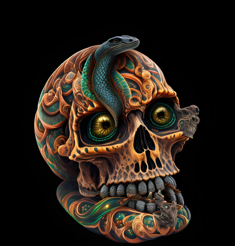 Intricately designed human skull with green eyes and blue snake on black background