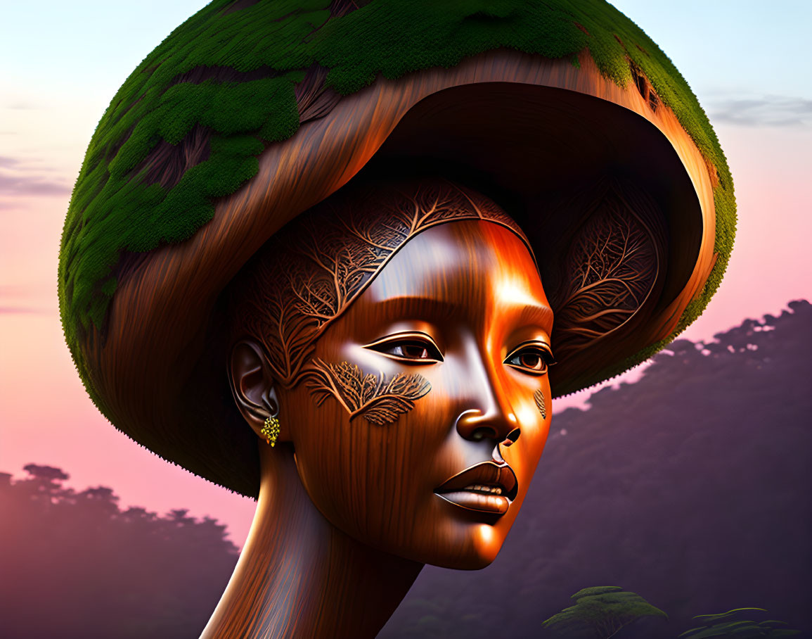 Digital artwork of a woman with tree canopy hair & leaf patterns, against sunset backdrop