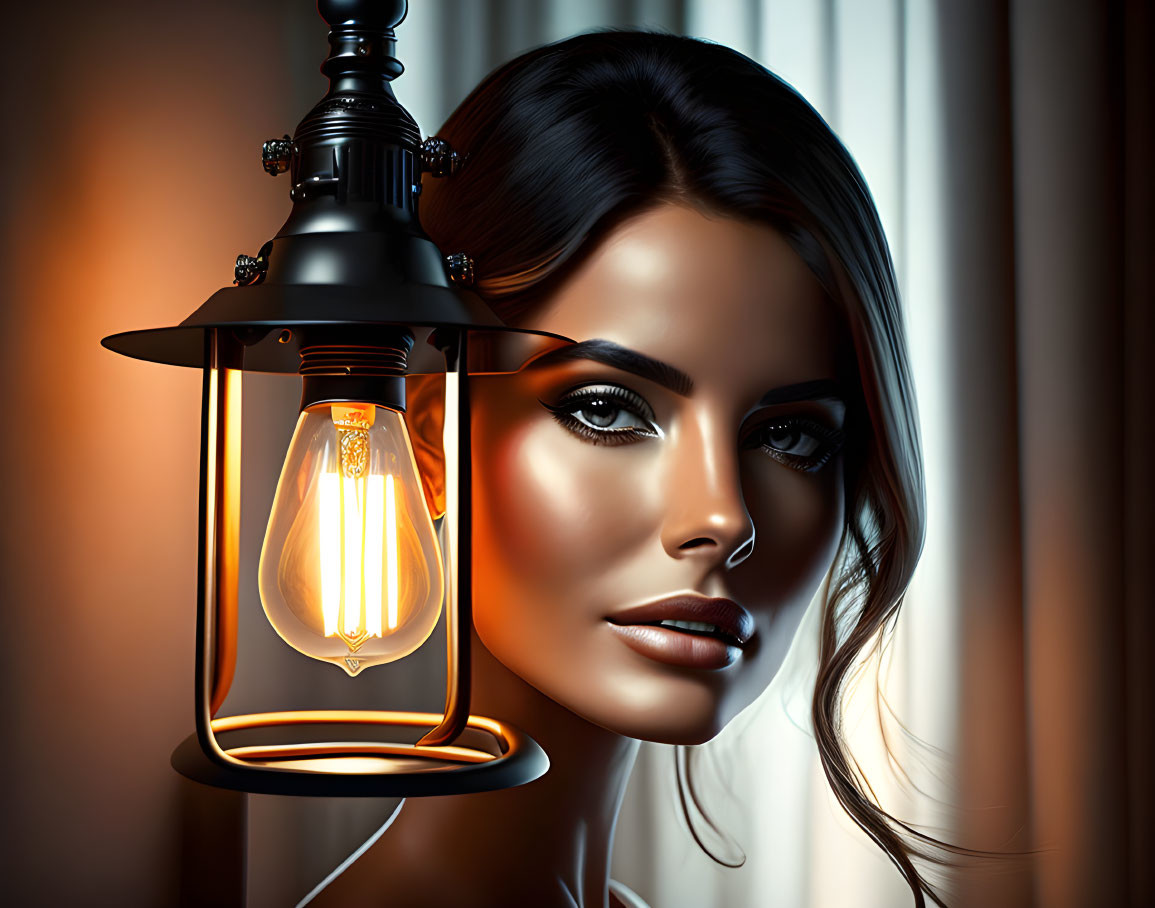 Digital Artwork: Woman with Striking Makeup by Illuminated Vintage Lantern