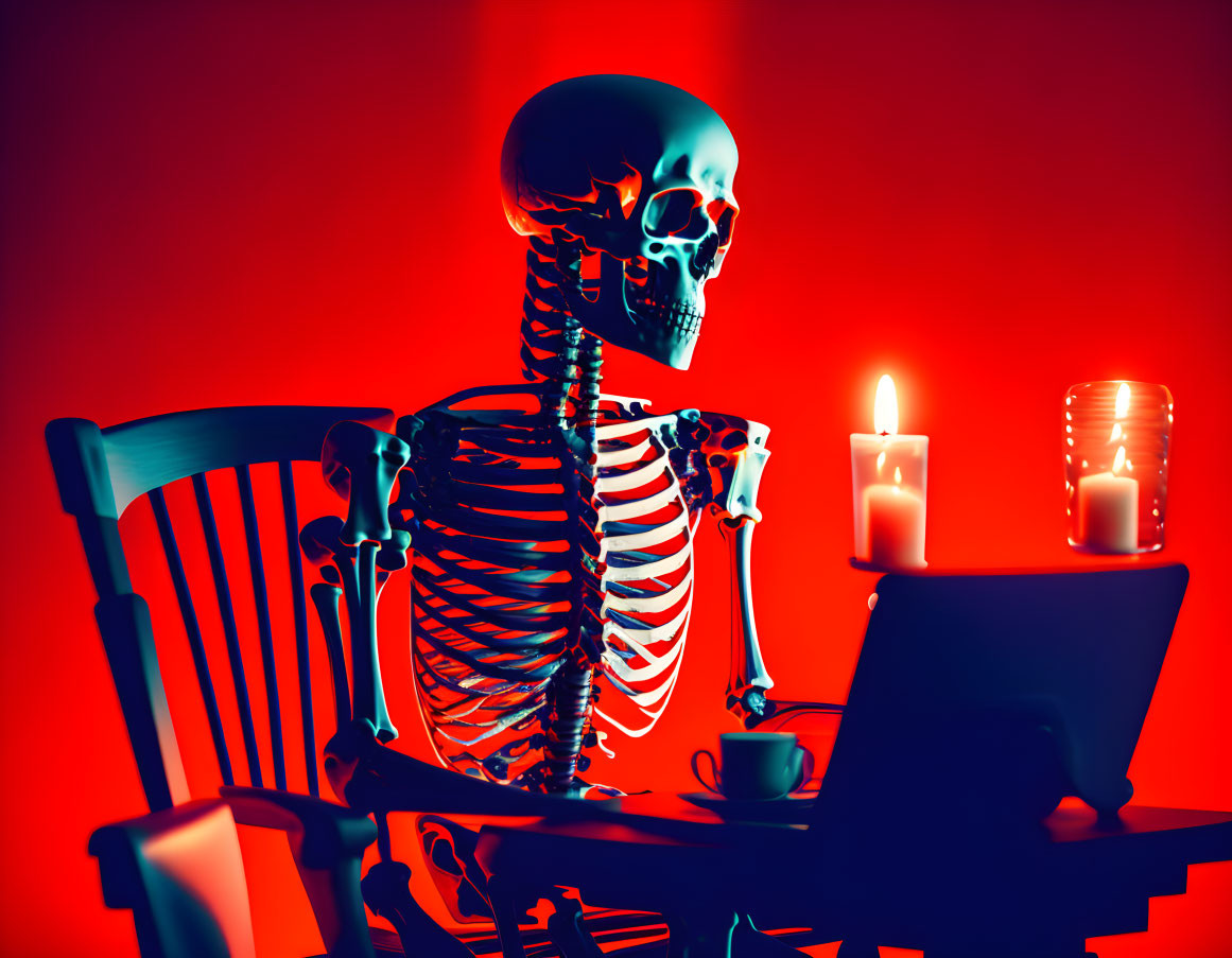 Skeleton at desk with laptop, cup, and candles in red lighting