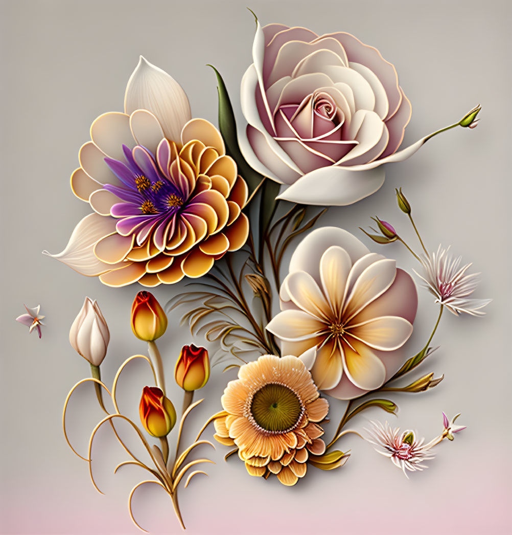 Stylized digital bouquet with rose, dahlia, and pastel flowers