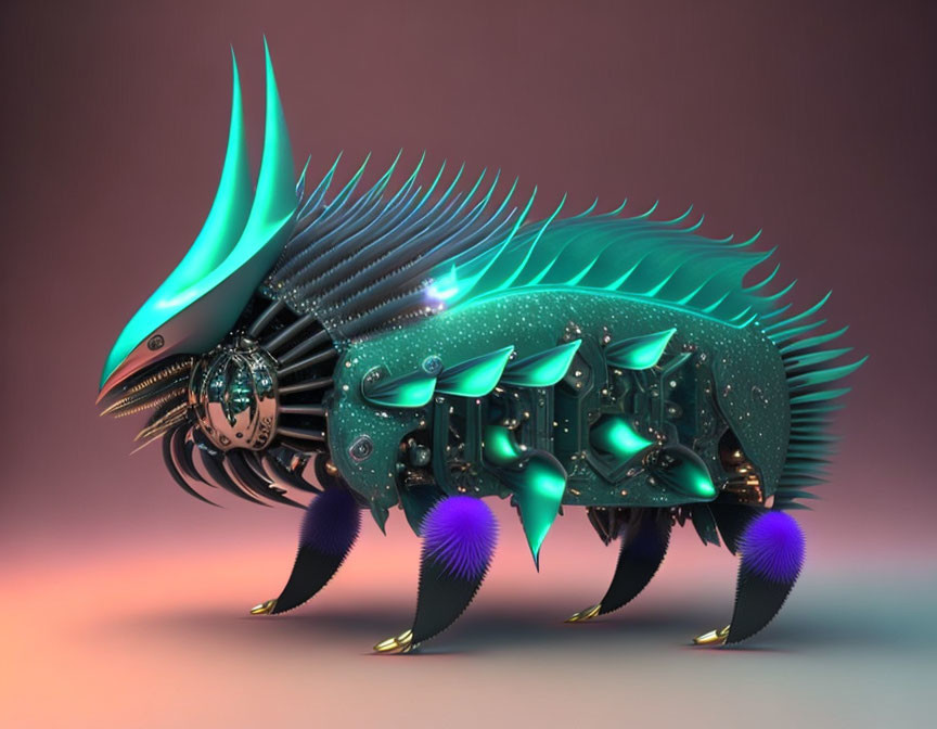 Futuristic mechanical beetle with turquoise carapace & purple legs