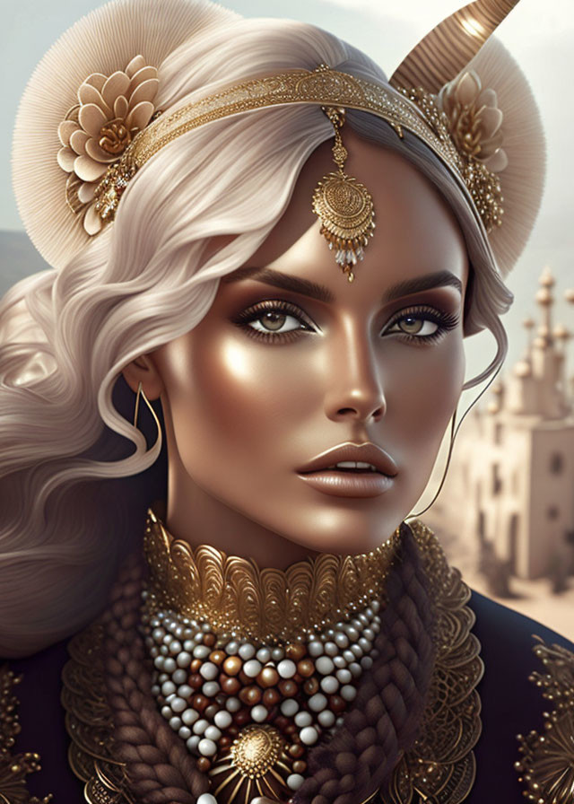 Elaborate Golden Headdress and Jewelry on Woman Portrait