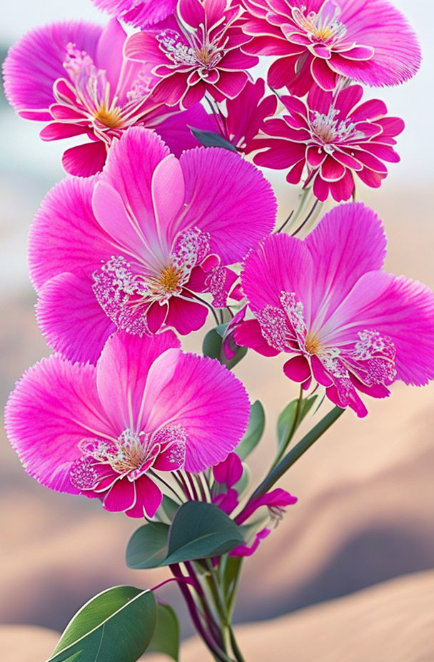 Pink Flowers with White Patterns on Petals and Green Leaves on Soft Background