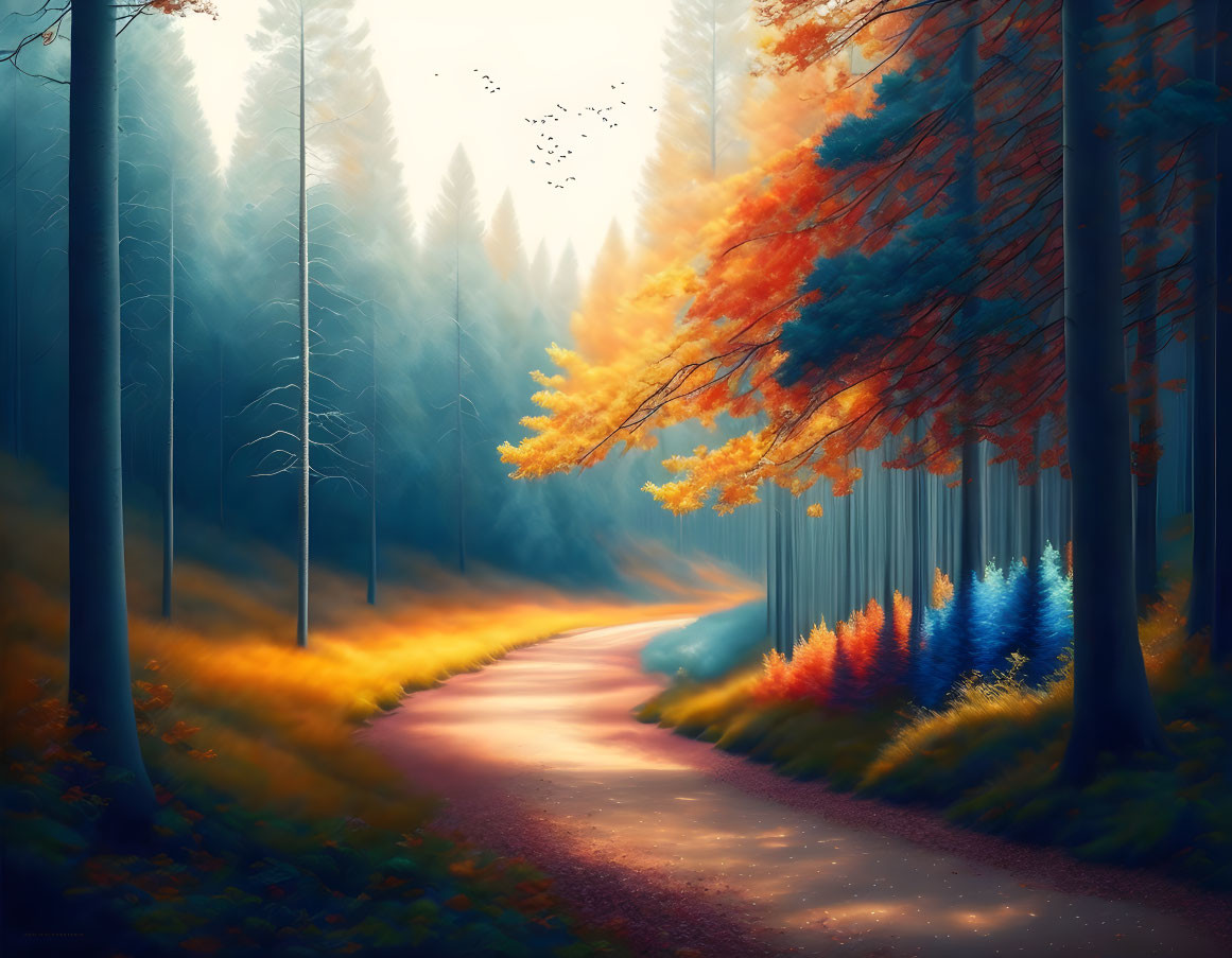 Vibrant autumn forest with winding path and mystic fog