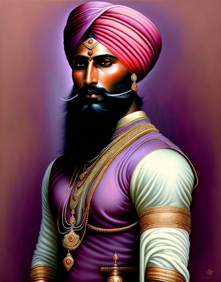 Man in Sikh attire with turban and jewelry on purple background