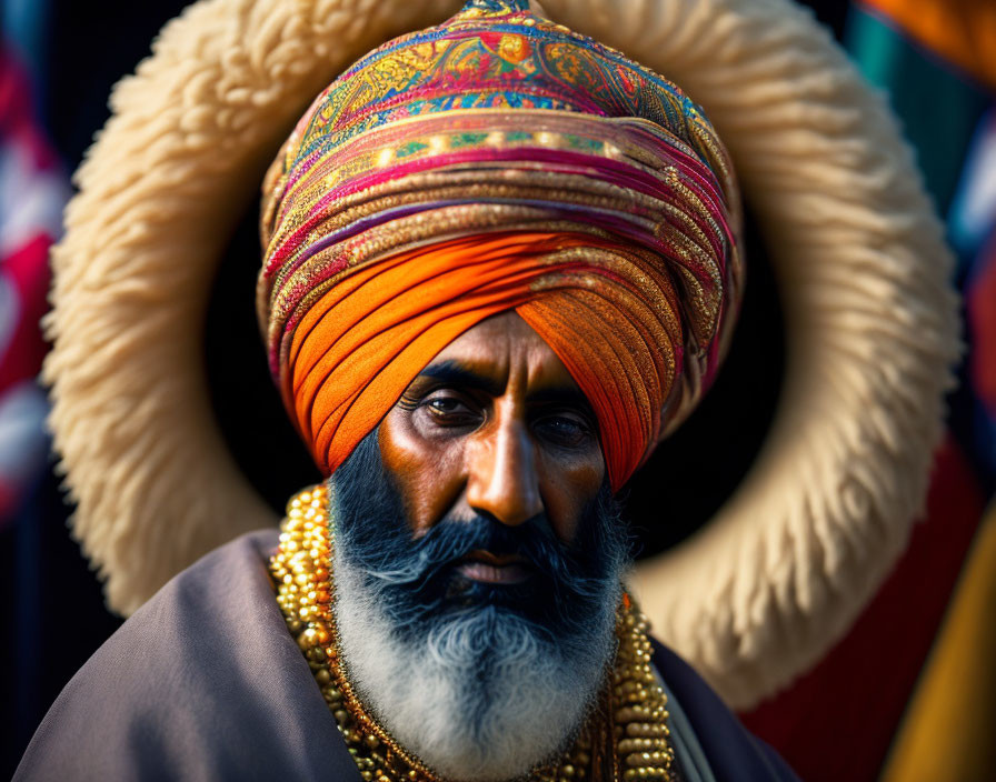 Bearded man in colorful turban and ornate attire with beads