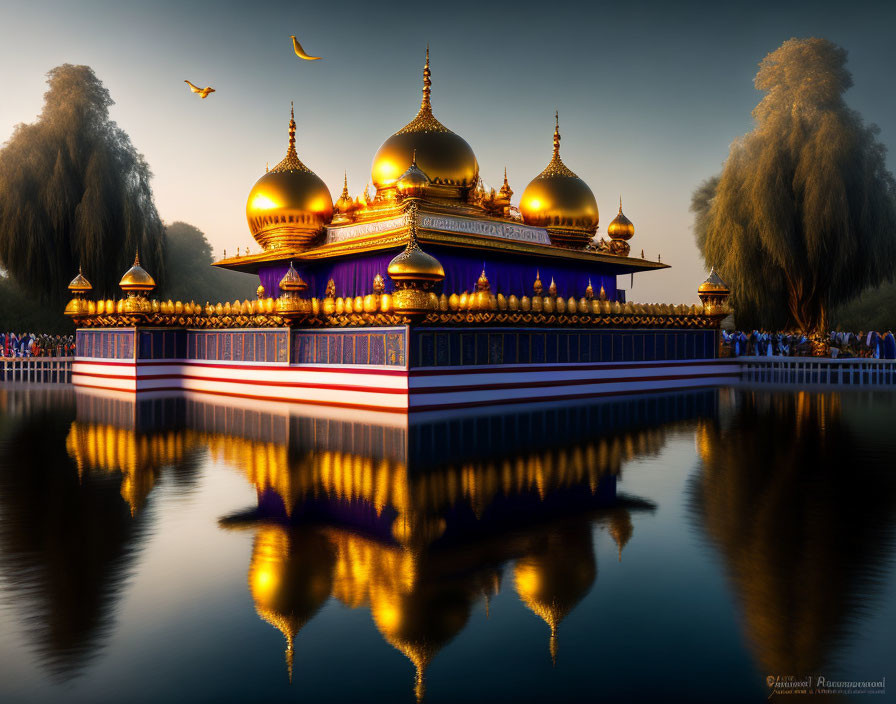 Golden-Domed Temple Reflecting on Calm Water at Dusk