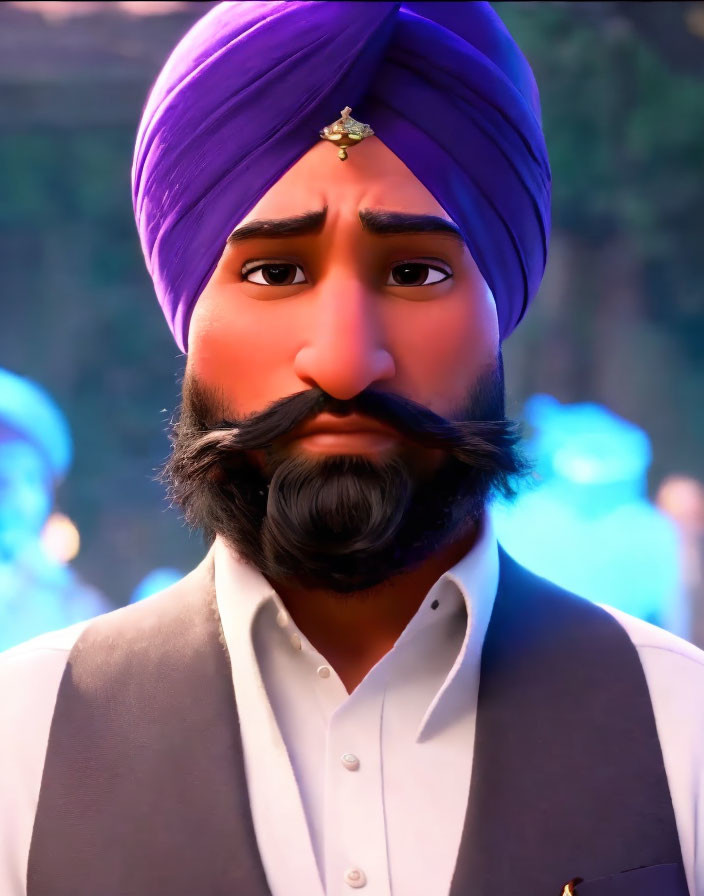 Purple Turban 3D Animated Character with Trimmed Beard and Gray Vest