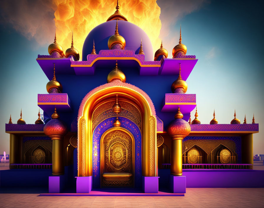 Digitally-rendered palace with fiery dome, golden doors, purple walls, intricate architecture at twilight.