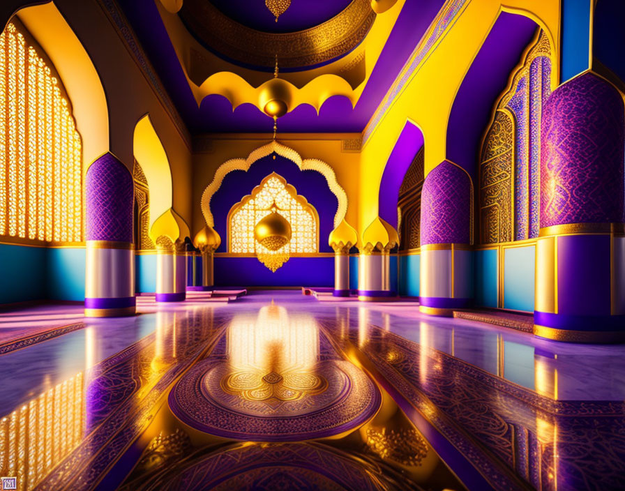 Elaborate Purple and Golden Interior with Arched Windows and Hanging Lantern