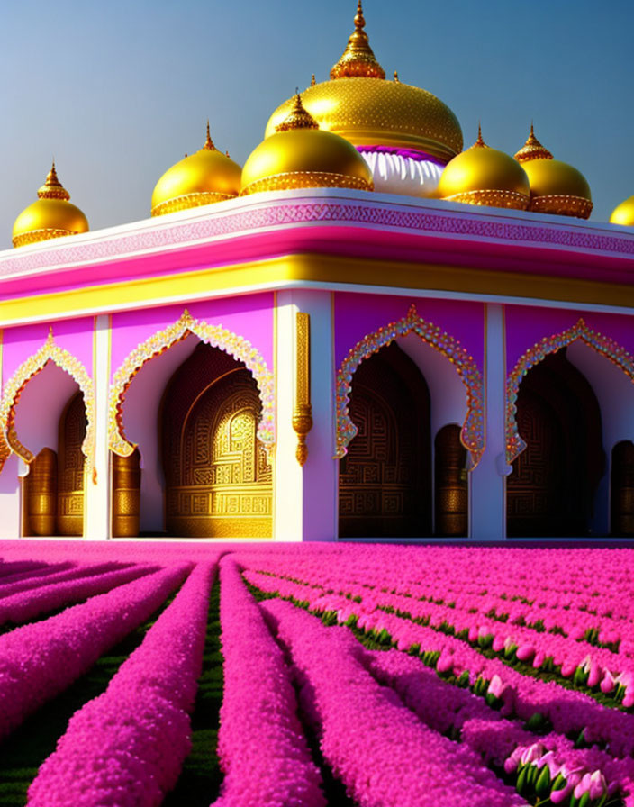 Colorful building with golden domes and arches surrounded by purple tulips