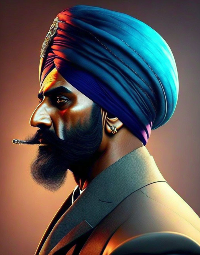 Digital artwork of man with beard, turban, nose ring, and cigarette on warm background