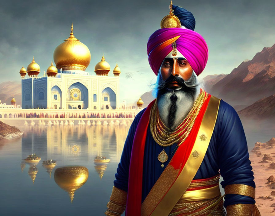 Digital artwork of Sikh man in blue turban at Golden Temple