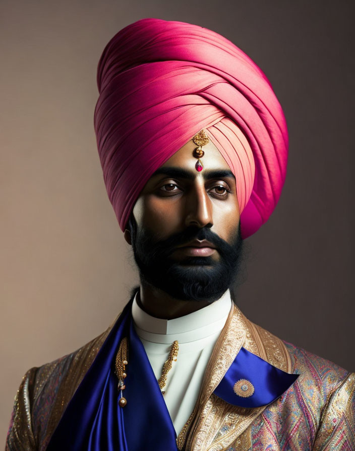 Sikh man in vibrant pink turban and blue jacket