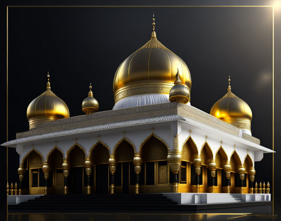 Ornate mosque illustration with golden domes and arches