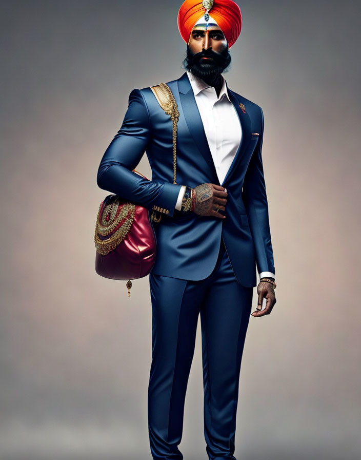 Sikh man in blue suit and orange turban with purple bag