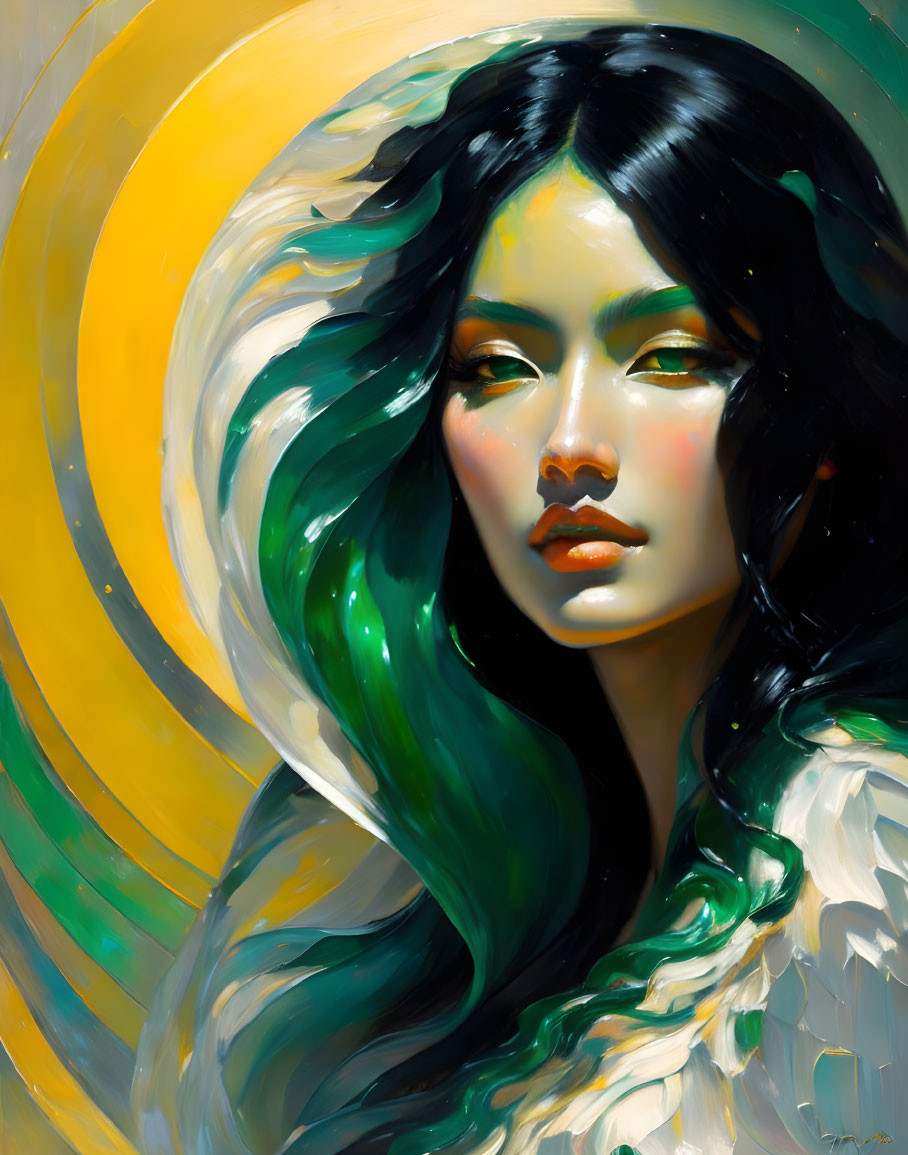 Stylized portrait of woman with green hair on yellow swirl background