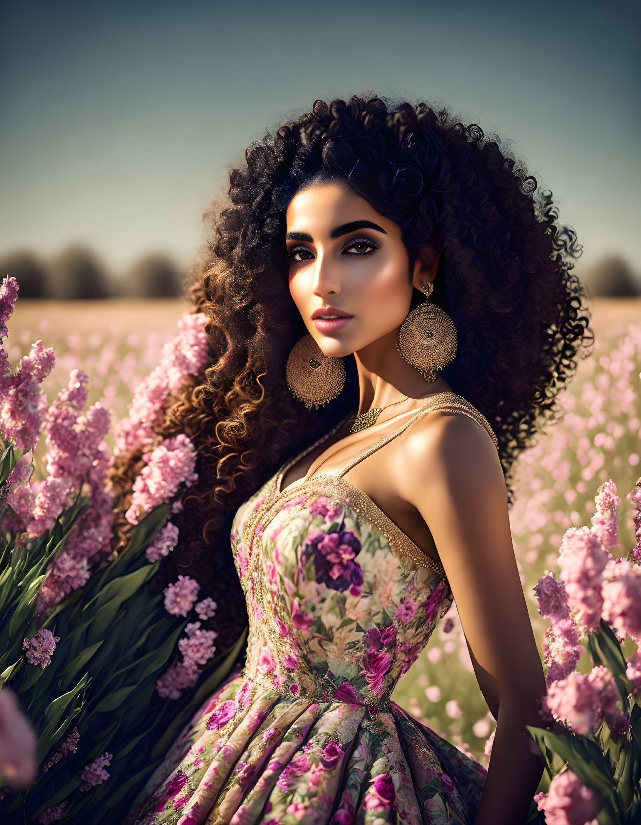 Woman with curly hair and hoop earrings in floral dress among purple flowers