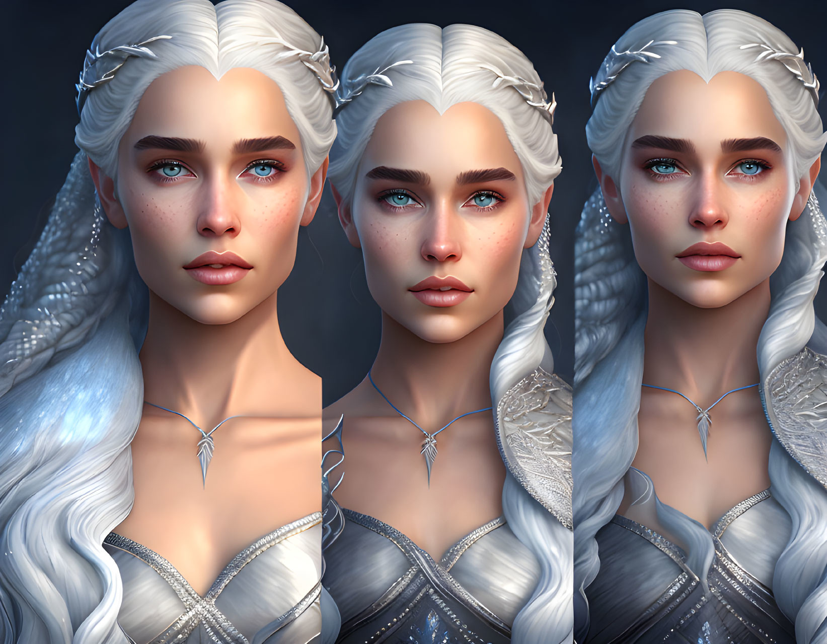 Three portraits of a woman with braided white hair and blue eyes in silver gown.