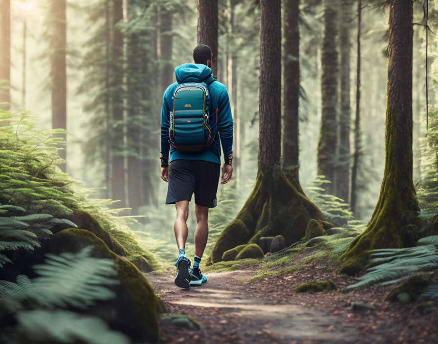 Hiker with Blue Backpack on Forest Trail among Tall Trees