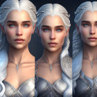 Three portraits of a woman with braided white hair and blue eyes in silver gown.