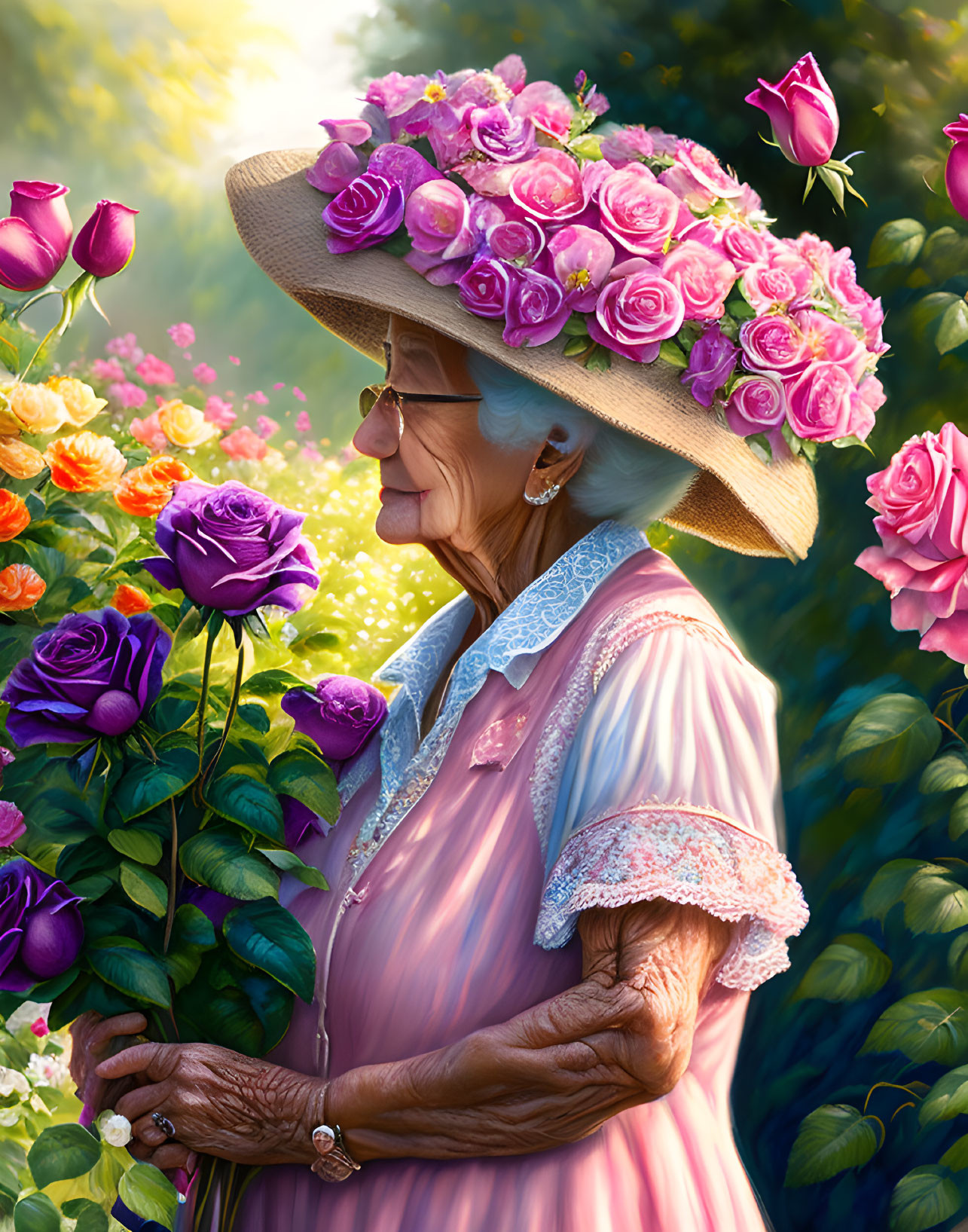 Elderly lady in wide-brimmed hat with roses in blooming garden