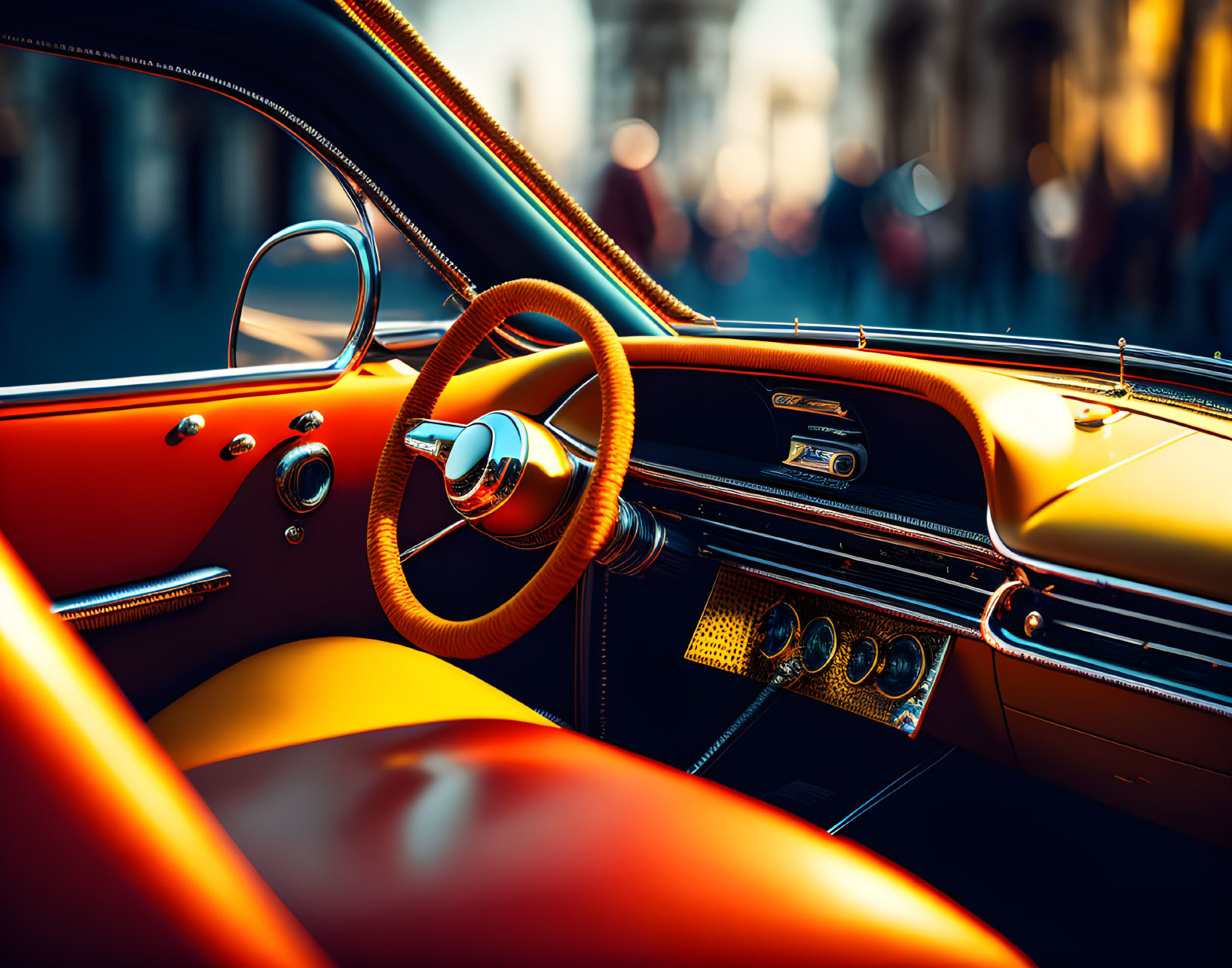 Vintage Car Interior with Vibrant Orange Upholstery and Chrome Accents