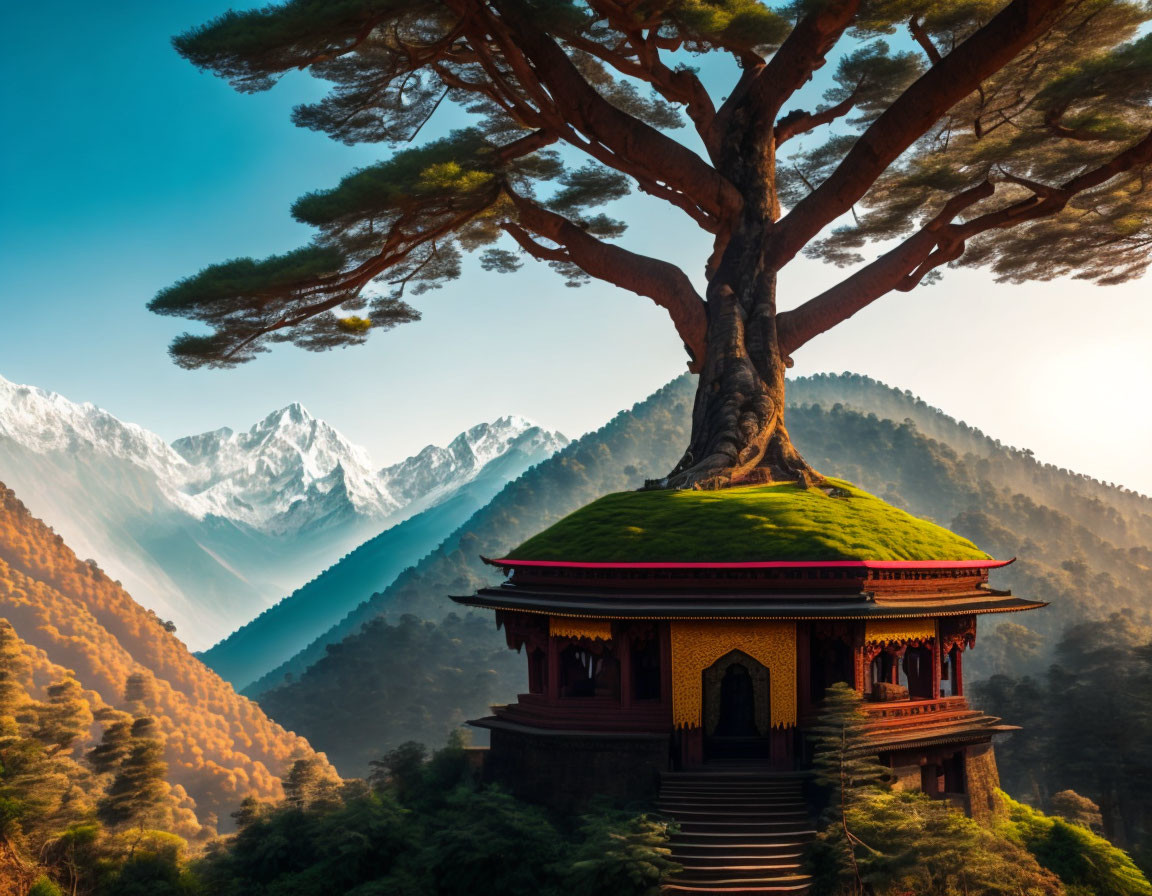 Traditional pagoda-style house under tree with snowy mountain view