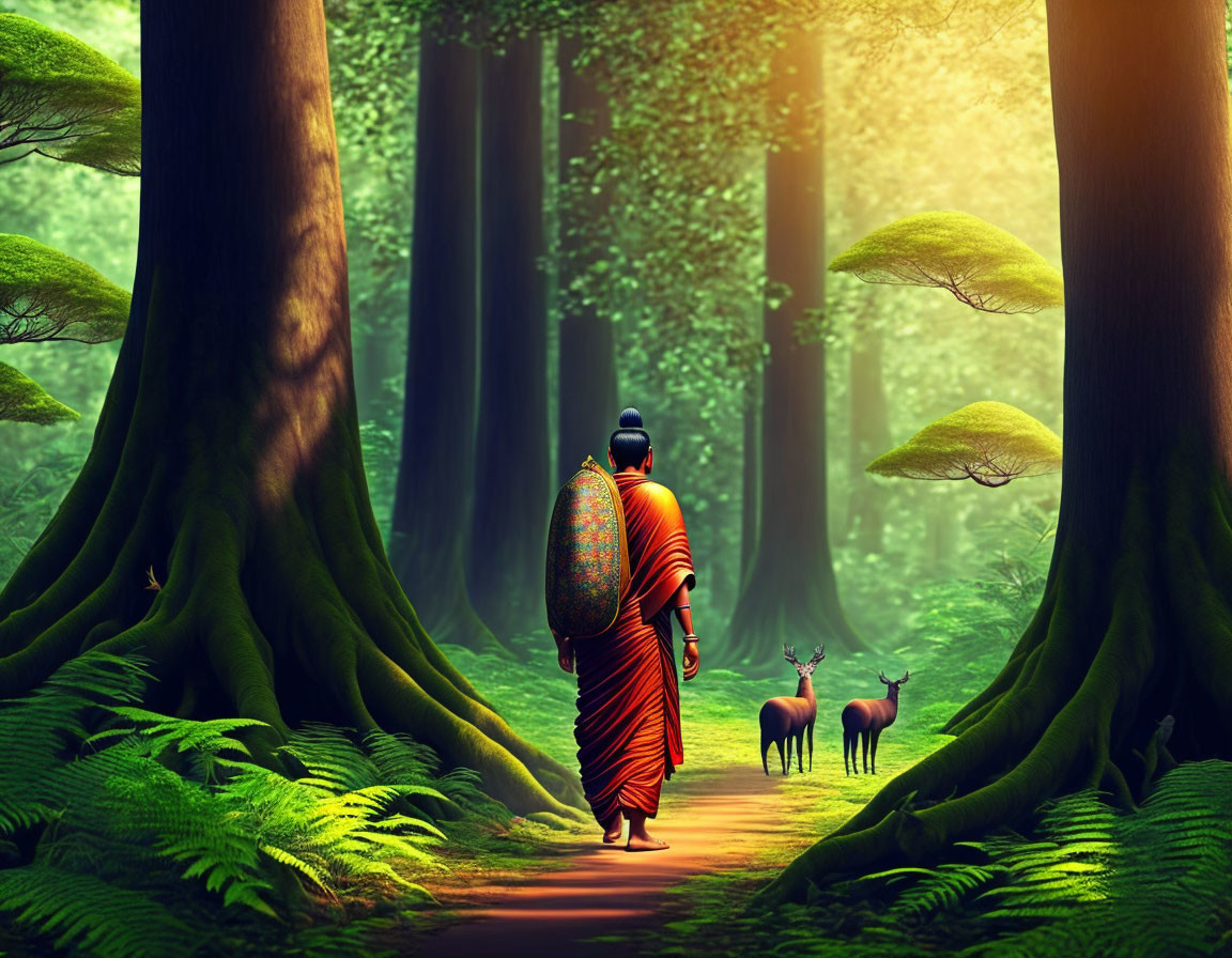 Person in orange attire walks with deer in forest pathway under towering trees.