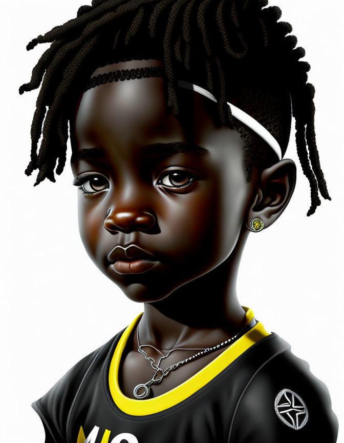 Young girl digital artwork: braided hair, black & yellow jersey with peace sign, necklace, stud