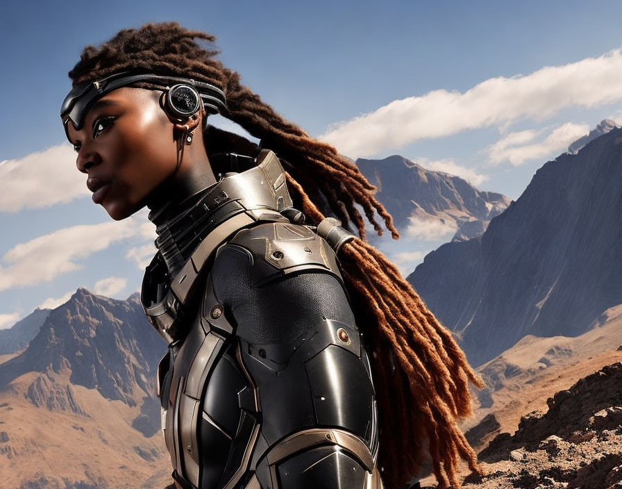 Futuristic armor-clad person with headset in mountain landscape