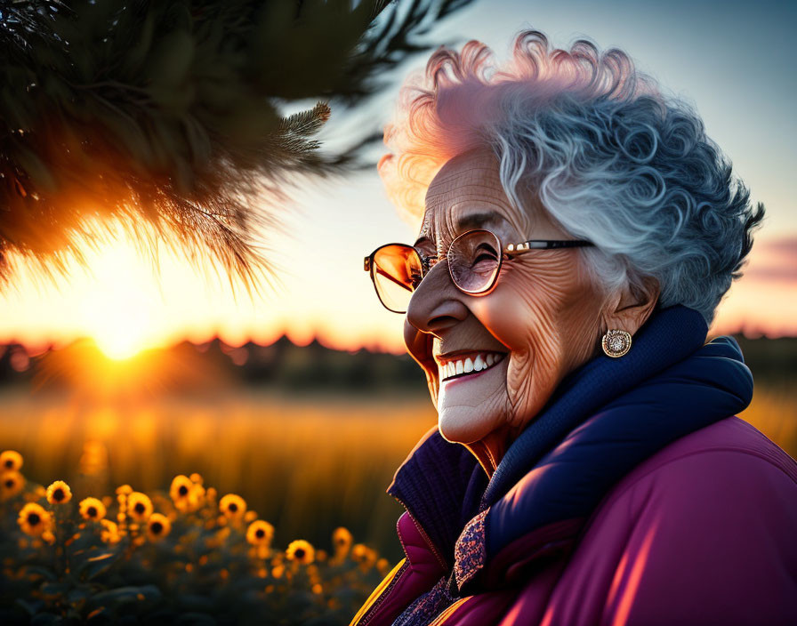 Elderly woman smiling in sunflower field at sunset