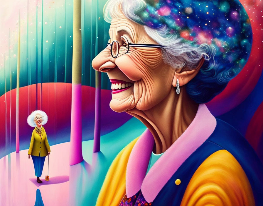 Vibrant illustration: Elderly woman with galaxy hair smiling in surreal setting