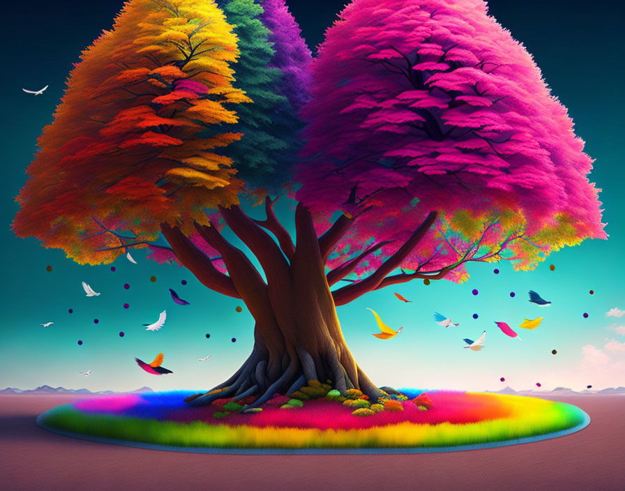 Colorful Split Tree Illustration with Birds in Twilight Sky